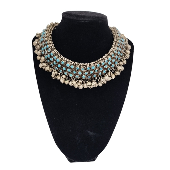 Rare Indian Antique Slivertone and Turquoise Necklace and Bracelet from 1950s - Picture 7 of 16